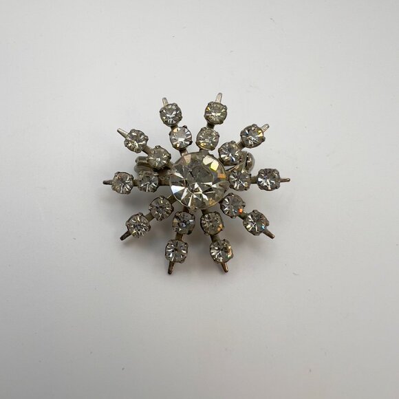 Vintage 50s Prong Set Rhinestone Brooch Starburst Silver Snowflake Atomic Pin - Picture 3 of 10